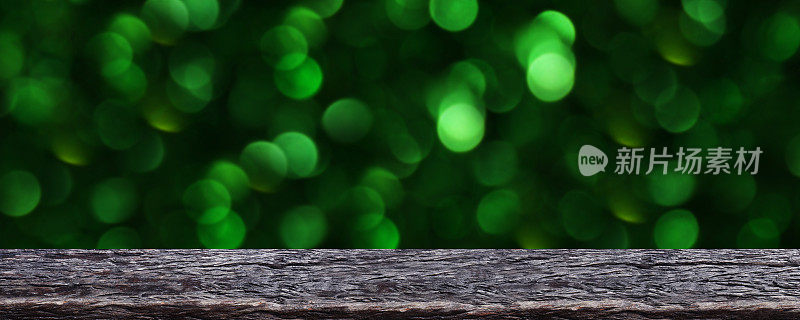 xmas background, wood plank table on bokeh green for background, wooden table for banner product display, christmas background with table plank montage on bokeh, copy space text